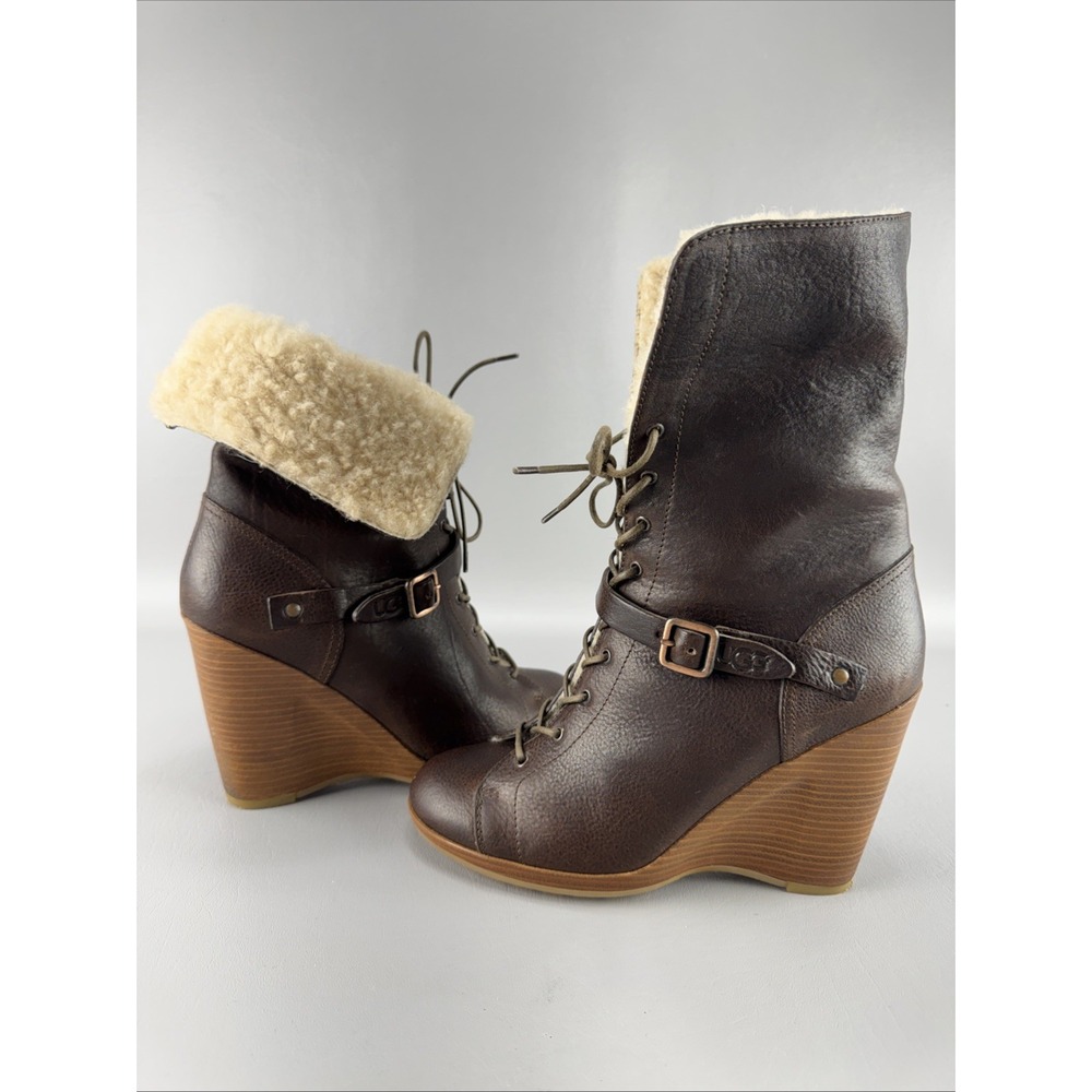 UGG Collection Caprera Wedge Boots Womens 9.5 Brown Leather Shearling Cozy Chic